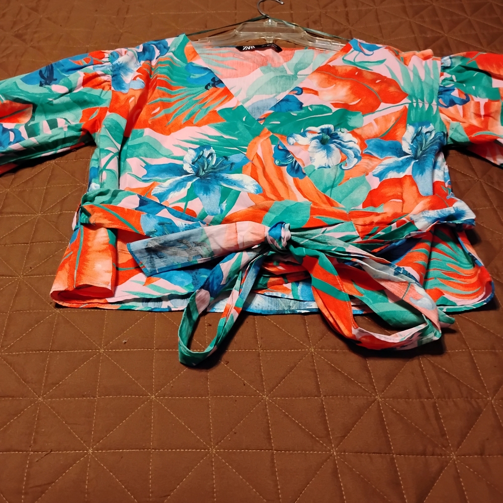 Zara Vibrant Floral Wrap Blouse - Red, Blue, Green
